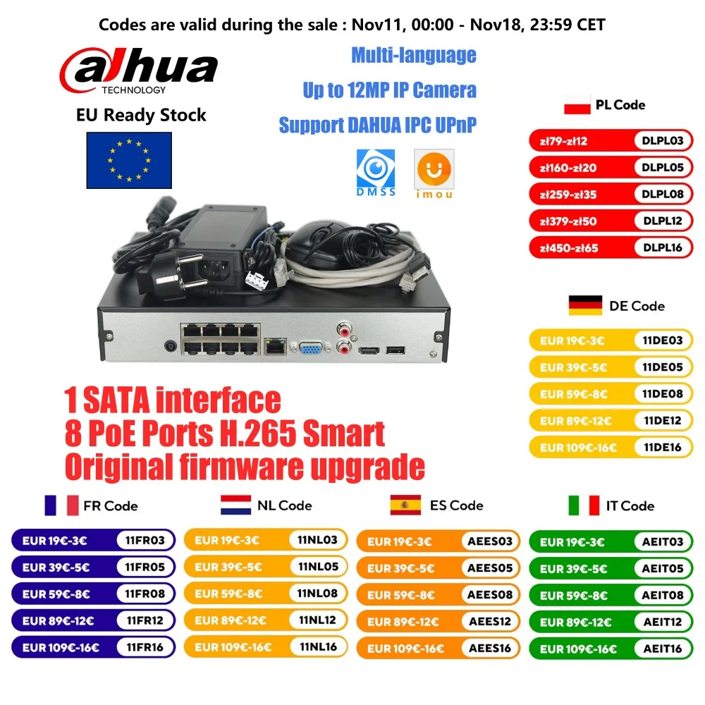 Dahua NVR4108HS-8P-4KS3 PoE NVR 8CH Compact 1U 8PoE 1HDD Lite Network Video Recorder Support 4K H.265 8-PoE Port