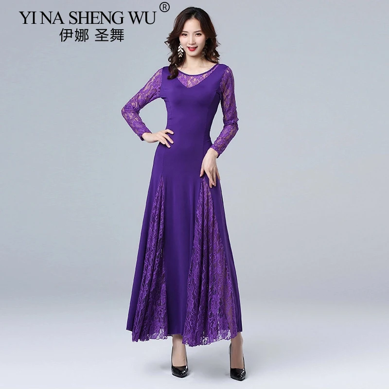 Adult Modern Dance Dress Waltz Flamenco Ballroom Dance Competition Performance Costumes Women Lace Long Sleeve Dance Dress