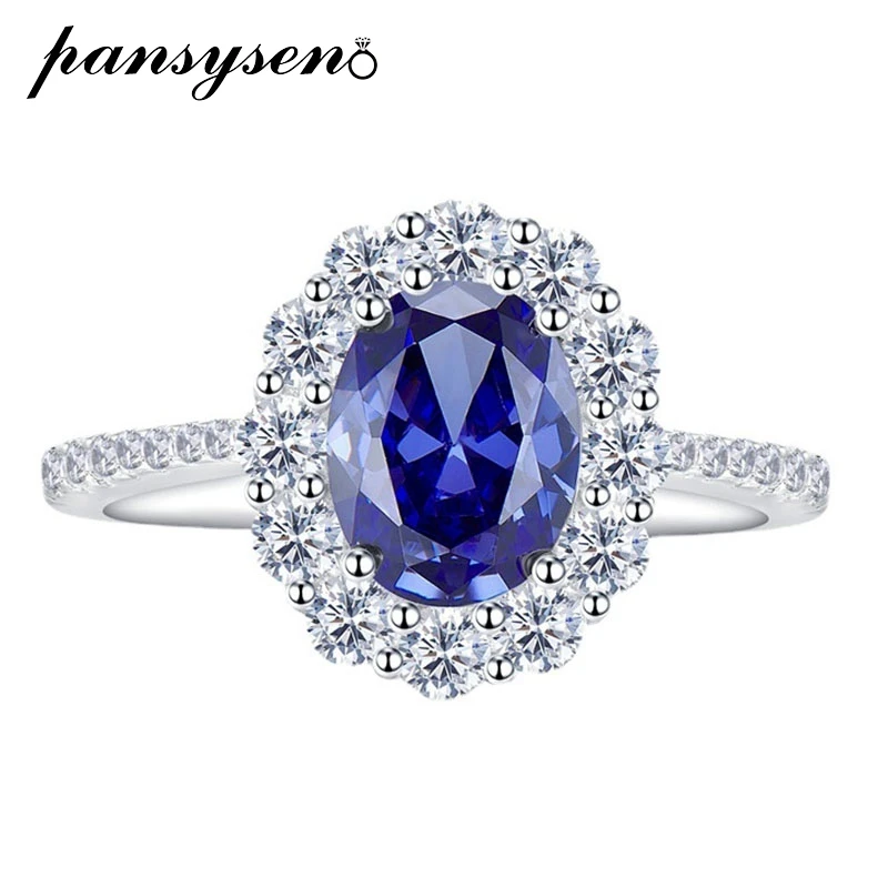 

PANSYSEN Vintage 925 Sterling Silver 7*9MM Lab Sapphire Ring for Women 18K White Gold Plated Cocktail Party Fine Jewelry Gift