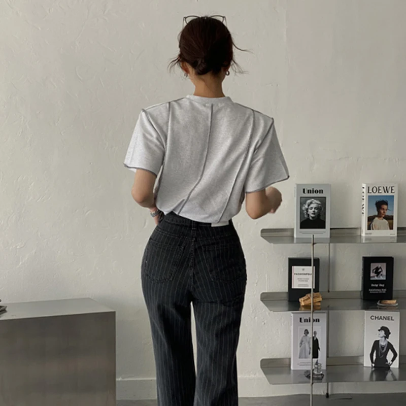 ort Sve T-irt Women's Chic Spring Summer Design Personali Spicy Girl Slimming Stitching round Ne T-irt Fem