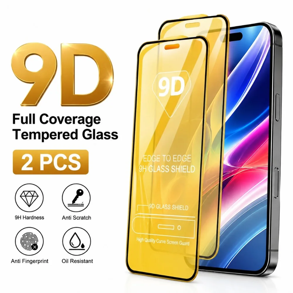 

2Pcs 9D Full Cover Screen Protector for iPhone 17/16/15/14/Pro Max/17e/16e/Air Tempered Glass for iPhone 13/12/11/Pro/15/14/Plus