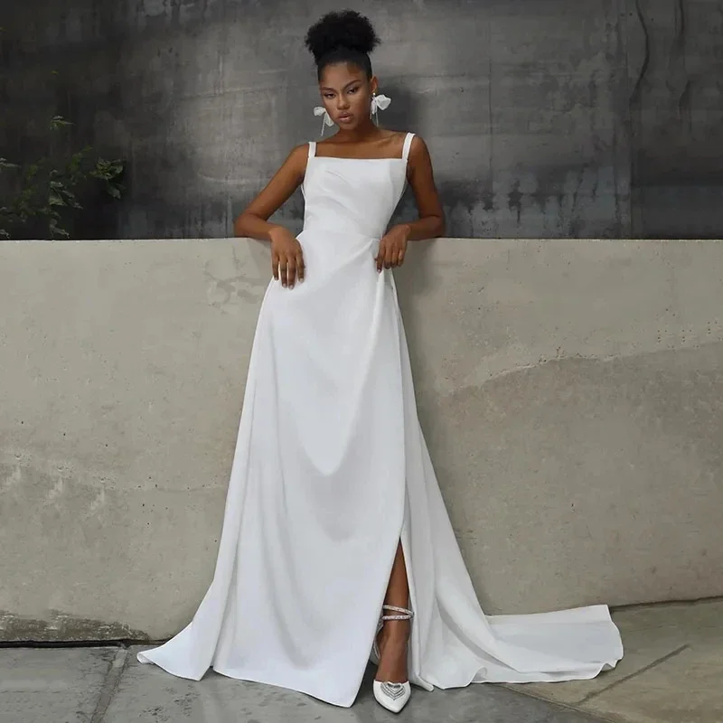 

RODDRSYA Simple Satin A-line Wedding Dresses 2024 Spaghetti Straps Boho Split Bridal Gowns Customize Backless Sweep Train