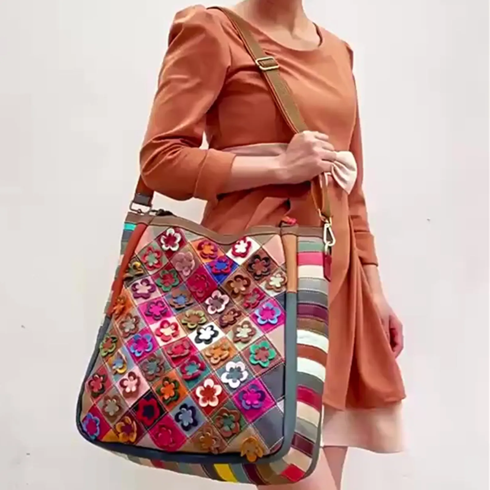 

Splicing Contrast Color Women Handbag Head Layer Cowhide Shoulder Crossbody Bag Girl Travel Messenger Phone Colored Storage Case