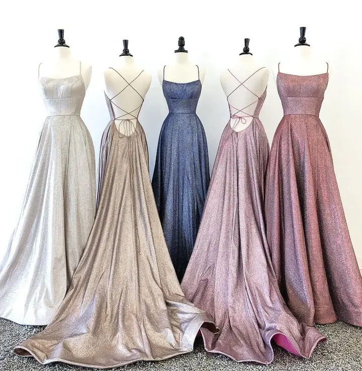 

Simple Spaghetti Strap Prom Dresses Sparkly A-Line Strapless Long Evening Dresses Party Dress Formal Occasion Gown