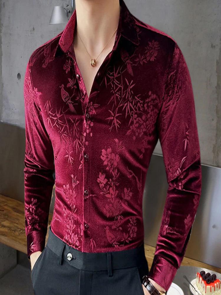 

Luxury Korean Men Long Sleeved Shirt Spring Flower Print Casual Dress Social Party Tuxedo Clothing Camisa Hombre