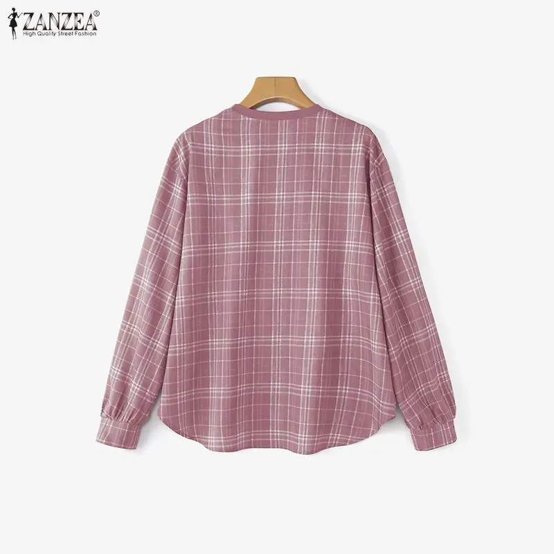 ZANZEA Vintage Plaid Bluse Frauen Langarm Patchwork Casual Shirts 2026 Frühling Herbst Mode Oansatz Lose Blusas Femininas