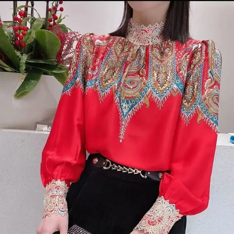 Stand Collar Lace Spliced Printed Vintage Shirt Spring Fashion Female Clothing Long Sleeve Korean Loose Women\'s Pullovers Blouse