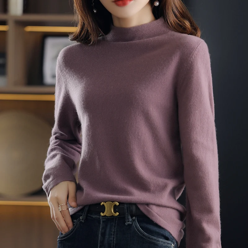 Sweter Kasmir Wanita Musim Gugur Musim Dingin Pullover Rajutan Padat Jumper Perempuan Sweter Sol Kasmir Ramping Lengan Panjang Kasual