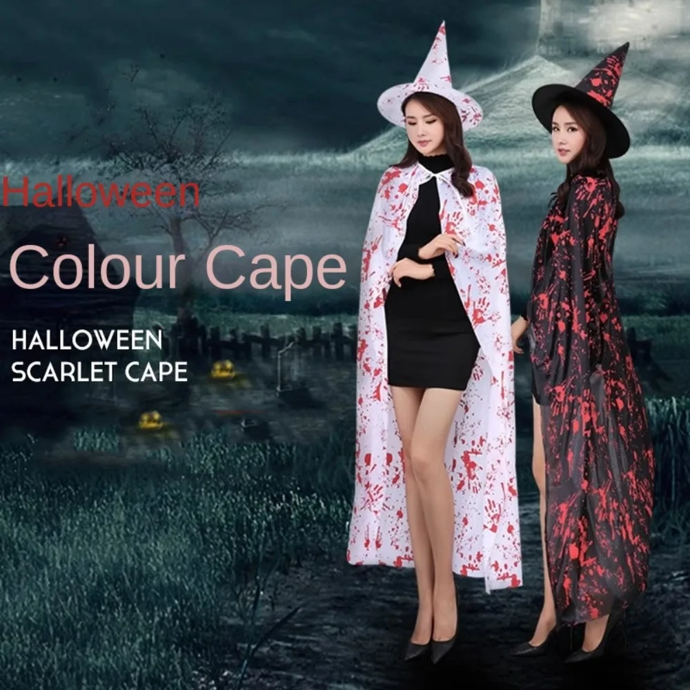 Blood Printed Witch Cloak Hat Set Cosplay Props Masquerade Halloween Blood Costume Costume Accessories Black Horror Cape Party