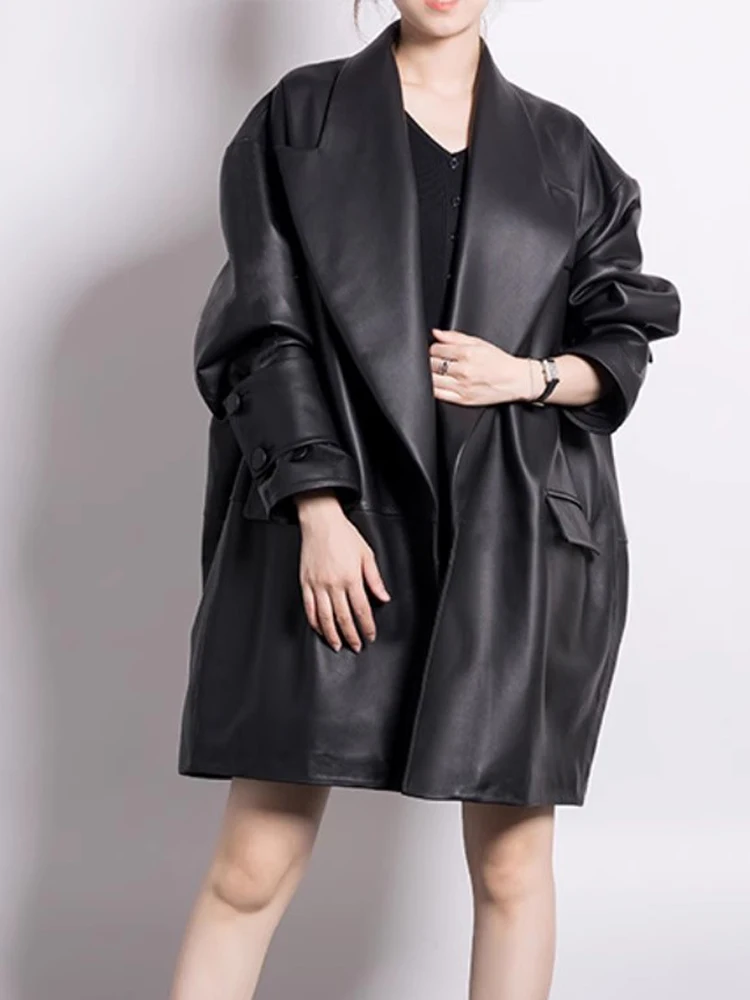 Lautaro printemps automne Long noir surdimensionné noir Pu cuir Trench manteau pour les femmes élégant luxe vêtements de créateur Cardiagan 2025