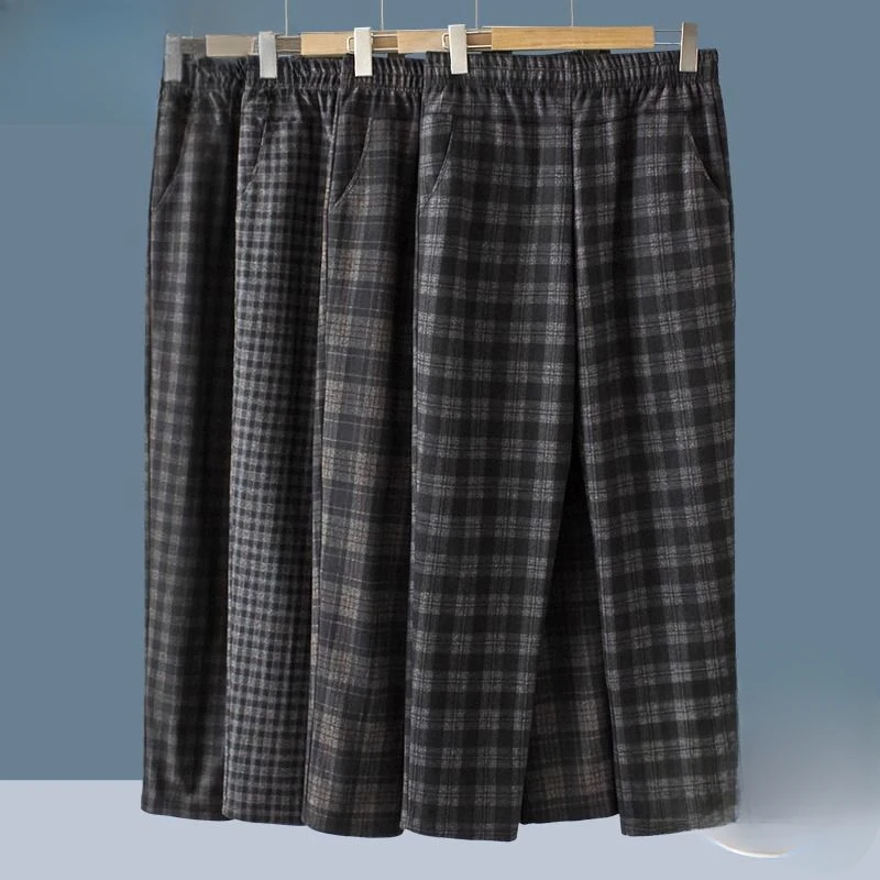 

2023 Spring Autumn Women New Elastic Waist Plaid Pants Female Middle-aged Straight Pants Ladies Pockets Loose Trousers T564