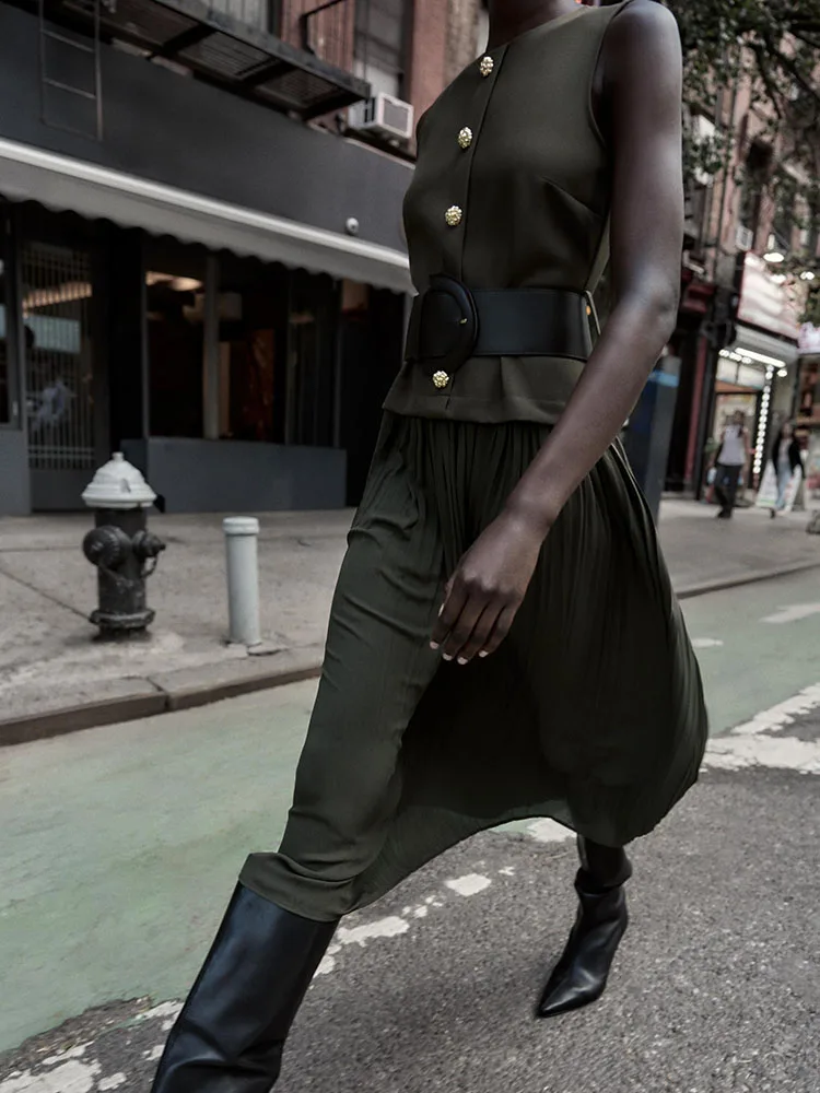 Nova chegada outono za2025 feminino redondo ne sino com cinto midi dr retalhos sle ele vestido festivo