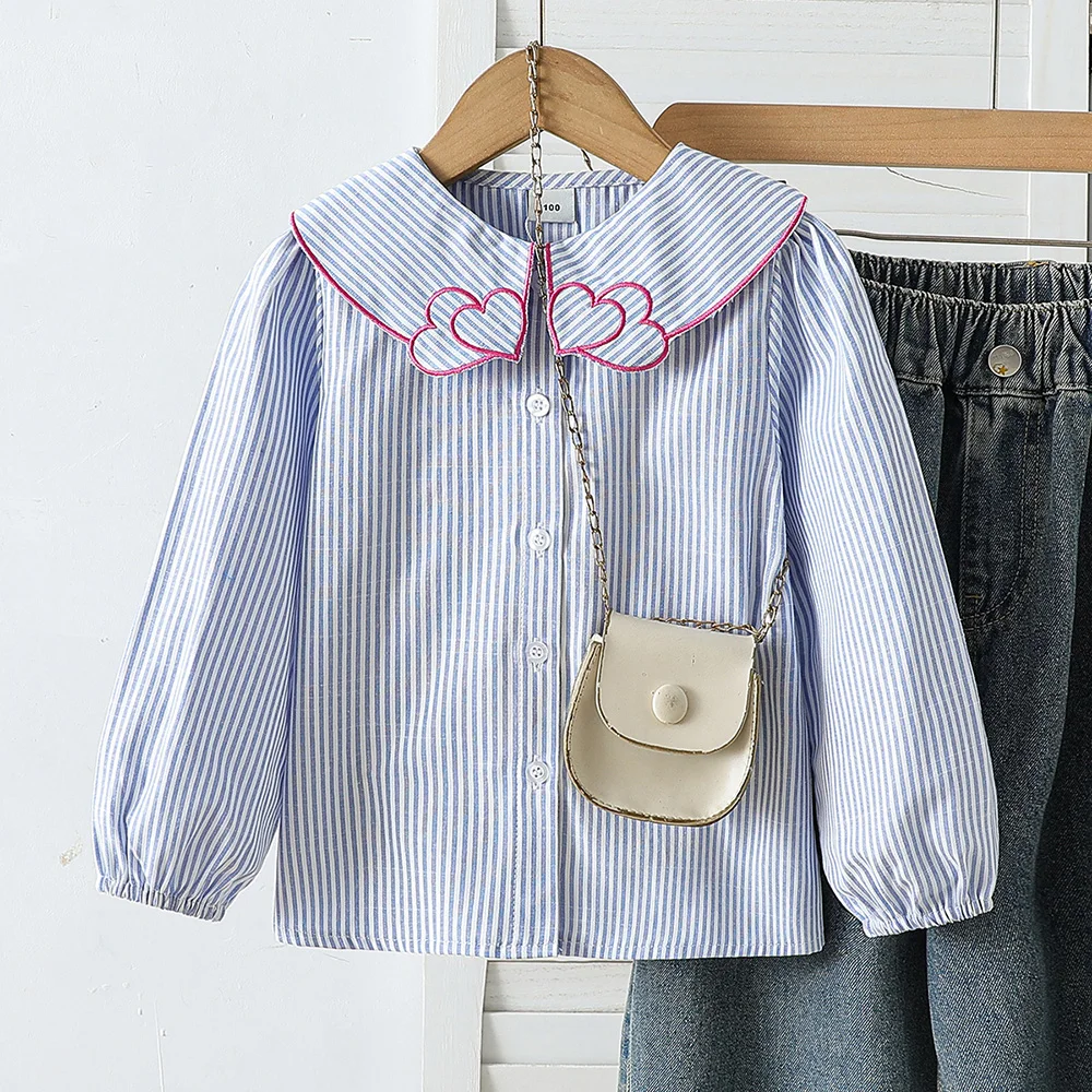 Gestreifte Bluse für Kleinkinder (2-6 Jahre) mit Herz-Stickerei, Peter-Pan-Kragen und Puffärmeln, Kinder-Frühlings-Herbst-Shirt – Detail 2