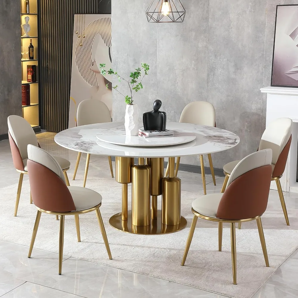 

7 Piece Dining Table Set, Modern Dining Table Set of 6, Round 59" D Faux Marble Dining Table with Lazy Susan, Sintered Stone