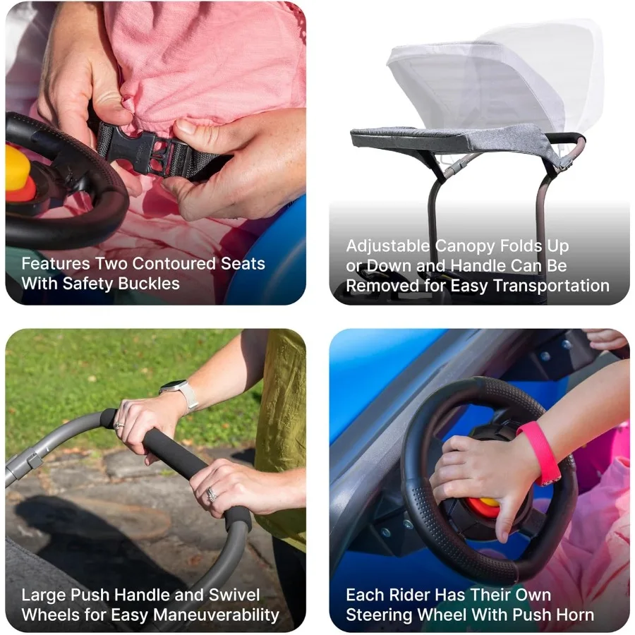 並列式プッシュアラウンドSUV 2人乗りプッシュカー、シートベルト、デュアルステアリングホイール、ホーン、調節可能なキャノピー付き、対象年齢18ヶ月