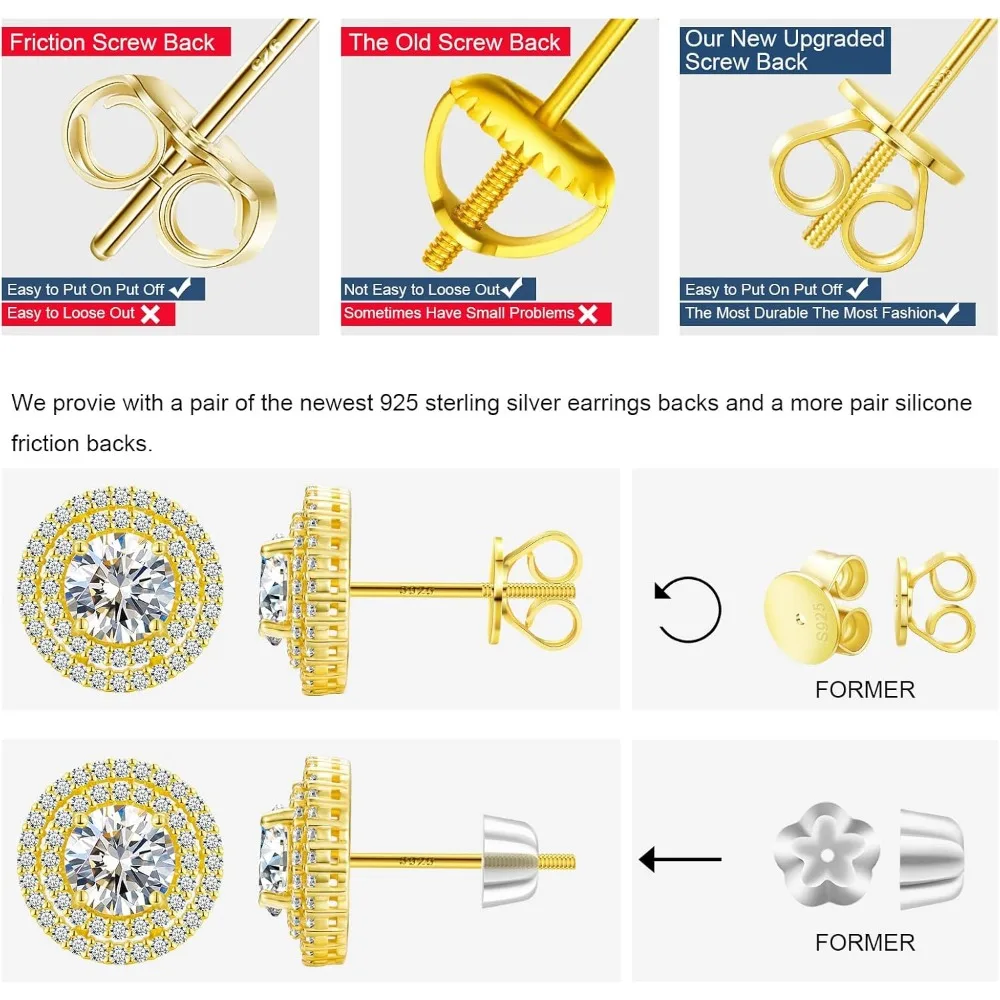 أقراط مويسانيتي مزدوجة هالة برغي خلفي من الفضة الإسترليني المطلية بالذهب عيار 18 قيراط - أقراط مويسانيتي كبيرة الحجم للنساء