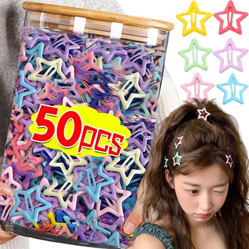 10-50pcs Colorful Kawaii Star Barrettes Y2K Sweet Girls BB Solid Star Hairclips Metal Snap Clip Headdress Hair Jewelry Gifts