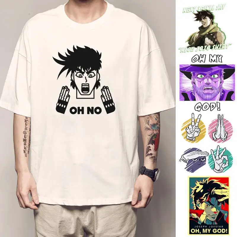 

Jojo Anime White T-shirt Joseph Joestar Oh No Print Black Gloves Design Cotton Streetwear Short Sleeve Casual Top Next Youll
