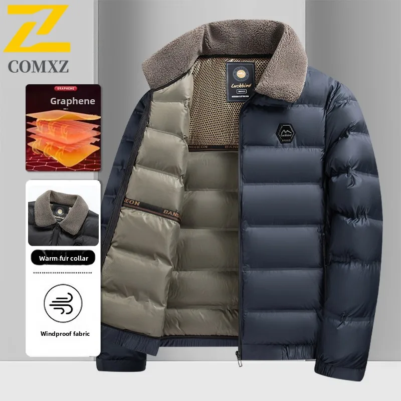 COMXZ Winter Wool Collar Jacket Men Top Grade Graphene Warm Padding Coat Snow Windbreaker Diamond Quilted Bubble Puffer Parkas