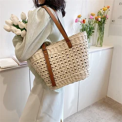 Women's Straw Weave Bag Boho Hollow Design Summer Large Capacity Bucket Handbag Rattan Weave Handmade Craft Tote Basket