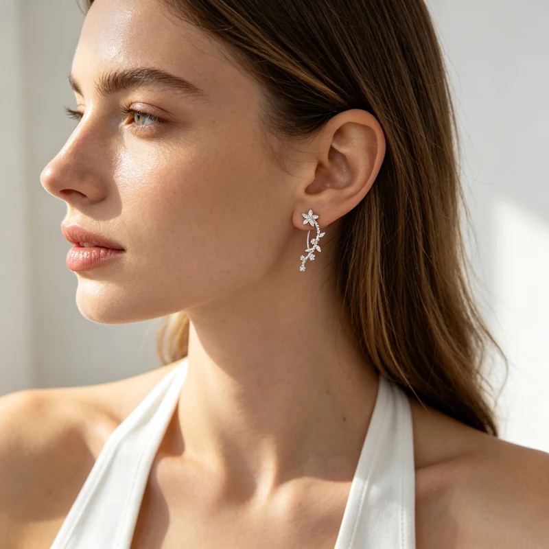 Silver‑Tone Flower Vine Ear Climbers for Women, Pave Zircon Floral Leaf Crawler Earrings,Nature‑Inspired Elegant Fashion Jewelry