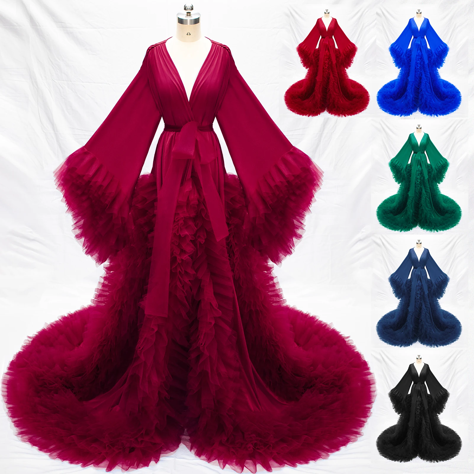 

Elegant Women Nightgown Pajamas V-Neck Ruffles Lace up Long Sleeve Bridal Wedding Bathrobe for Photography Custom Made
