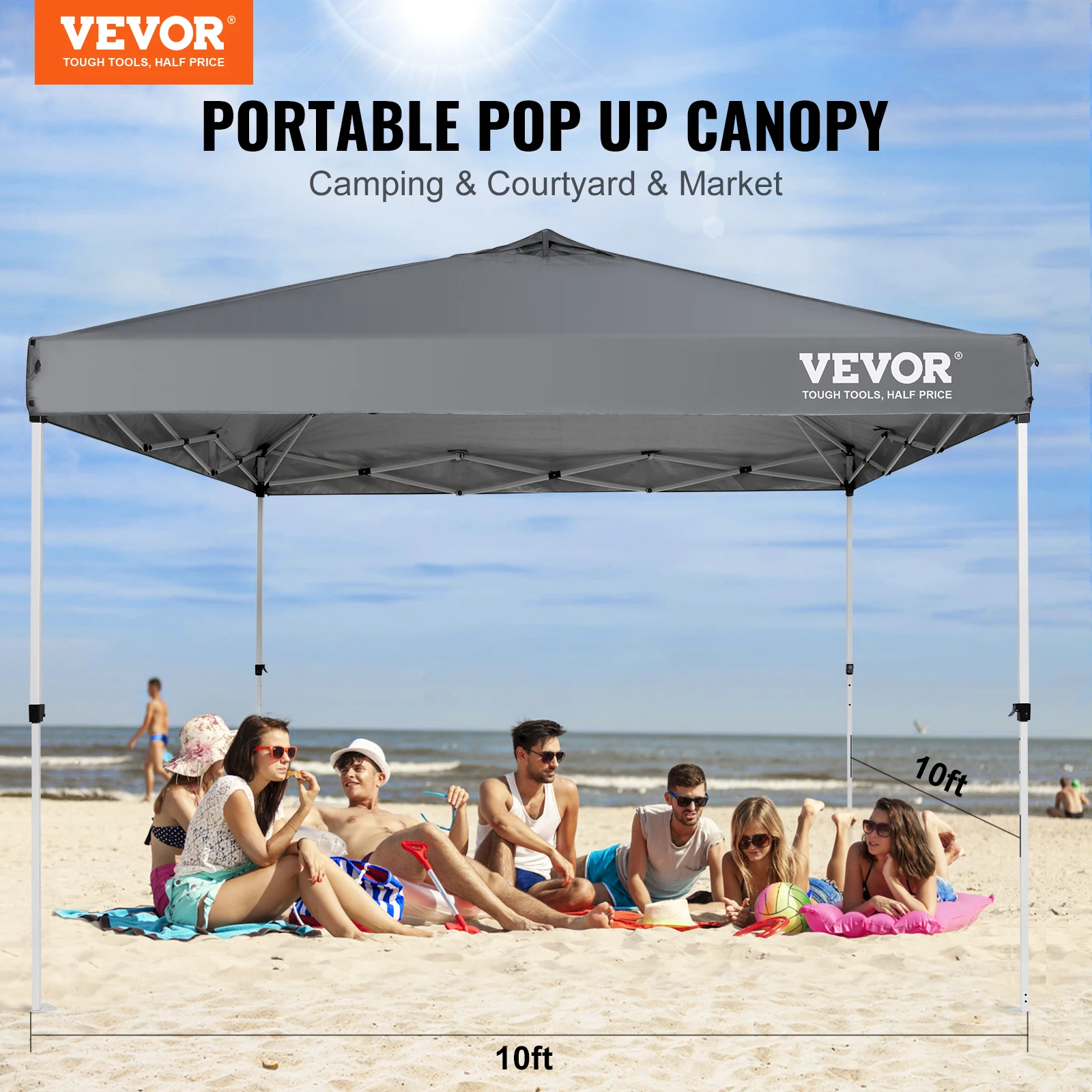 VEVOR Pop Up Canopy Tent 250D PU Silver Coated Tarp with Portable Roller Bag and 4 Sandbags Waterproof and Sun Shelter Gazebo