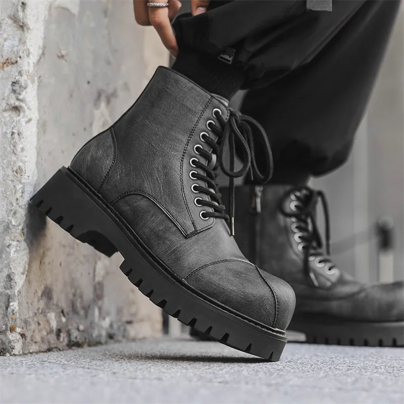 

Мужские повседневные вечерние платья для ночного клуба, ботинки из натуральной кожи, туфли на платформе со шнуровкой, уличные ковбойские массивные ботинки, длинные мотоциклетные ботинки