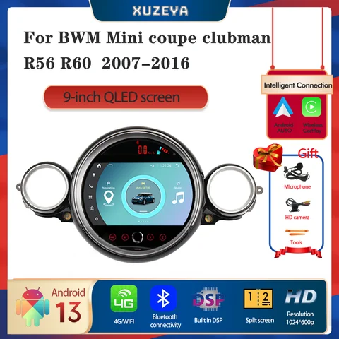 GPS 내비게이션 라디오 카플레이, 4G 멀티미디어 플레이어, BWM 미니 쿠페 클럽맨 R56 R60 2007-2016, 9.0 인치 안드로이드 13