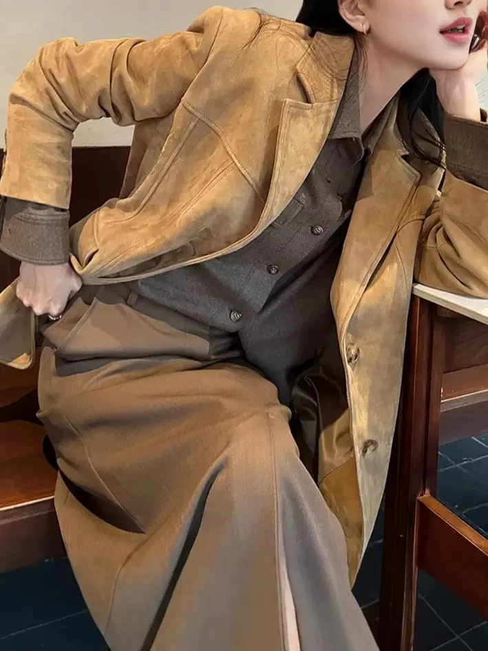 2025 Autumn Winter Retro Kid Suede Leather Suit Coat Women Genuine Cow Suede Jacket Vintage Coffee Oversized Jacket Outwear