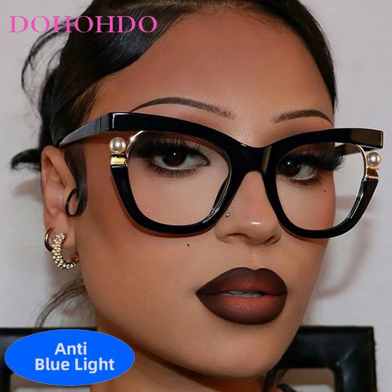 Vintage Brand Designer Pearl Cat Eye Optical Glasses Men Women Trendy Luxury Computer Anti-Blue Light Protection Spectacle Оч