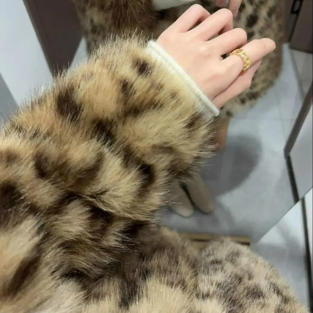 جديد الشتاء التلبيب طوق القهوة ليوبارد فو الفراء معطف طويل الأكمام أشعث المرأة سترة دافئة لينة فروي ملابس خارجية فضفاضة