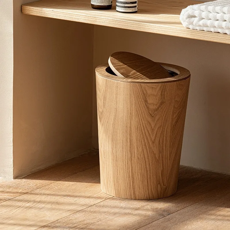 Household Wooden Trash Can With Lid Kitchen Bathroom Living Room Bedroom Simple Lidless Wood Grain Storage Box Round Press Type