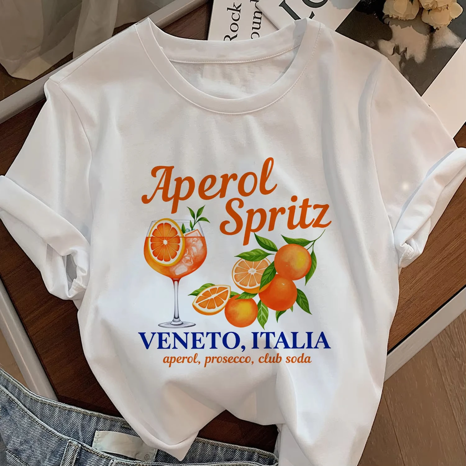Camiseta Spritz Veneto para Mujer y Niña, Camiseta Italiana con Cuello Redondo y Estampado de Cítricos Aperol Spritz, Camisetas con Gráficos de Frutas Naranja, Tops para Vacaciones en Italia