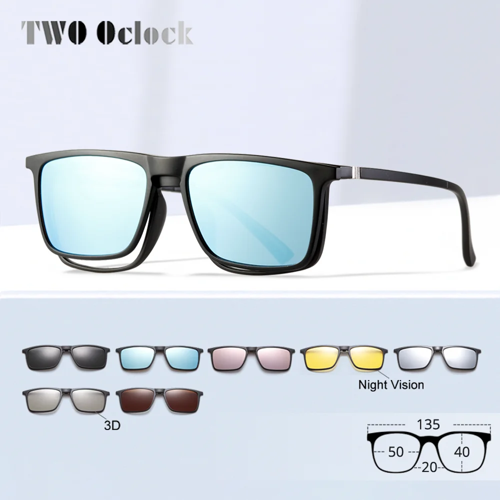 Lunettes de soleil magnétiques TWO Oclock pour hommes et femmes, polarisées, 7 en 1, à clipser, montures optiques carrées, 3D, jaunes, Oculos