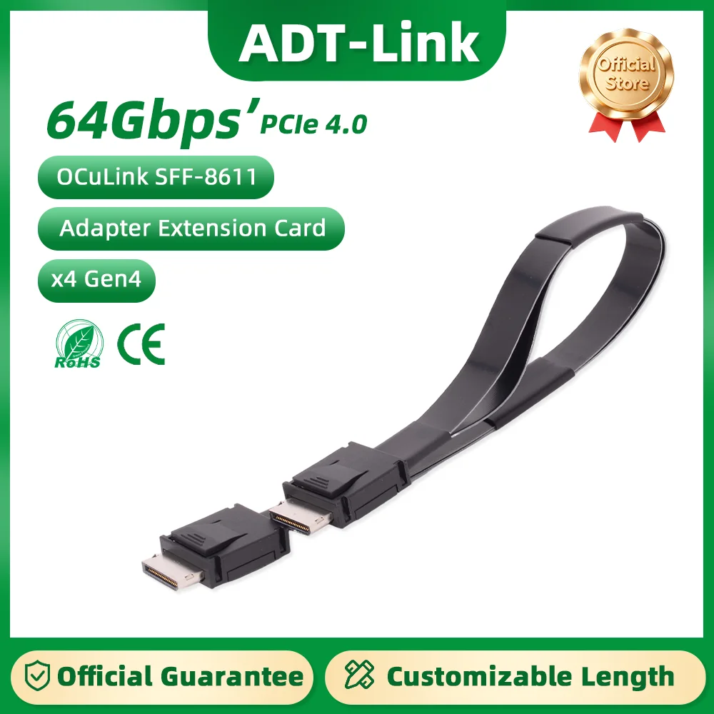 

ADT-Link PCI-E 4.0 X4 SFF-8611 Male FFC Oculink Extension Cable 64Gbs for External GPU Dock Graphics Card PC Server OCuLink