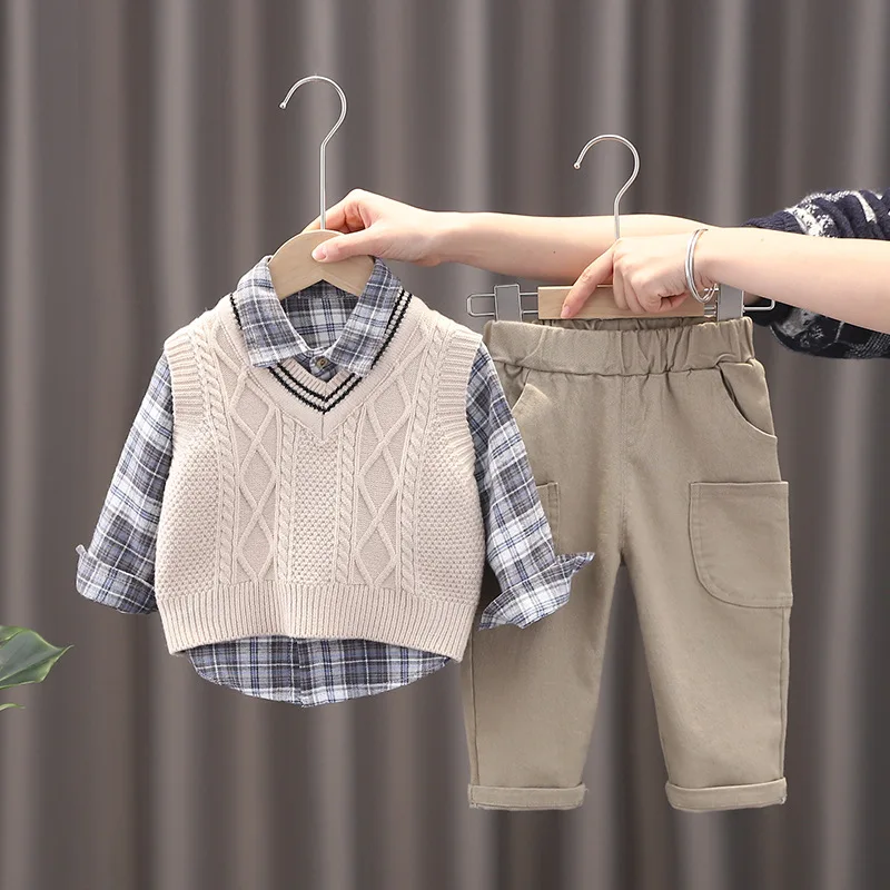 ZOETOPKID Baby Boys Three-piece Set Clothes Suit Casual Clothing Autumn Winter Fashion Baby Vest+Shirts+Pants Suits