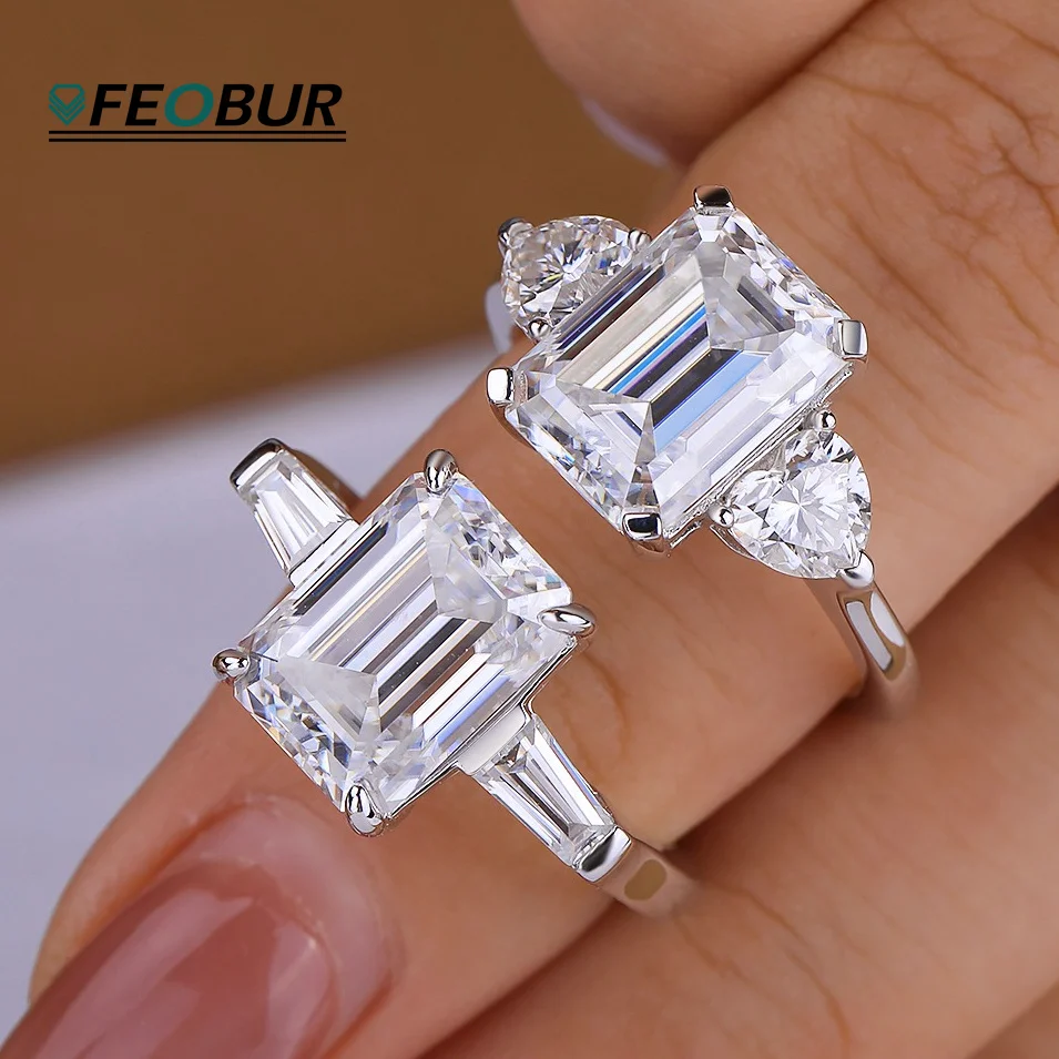 8*11mm 4.5CT Emerald Cut Full Moissanite Engagement Ring for Women 925 Sterling Silver Baguette Three Stone Wedding Band Jewelry