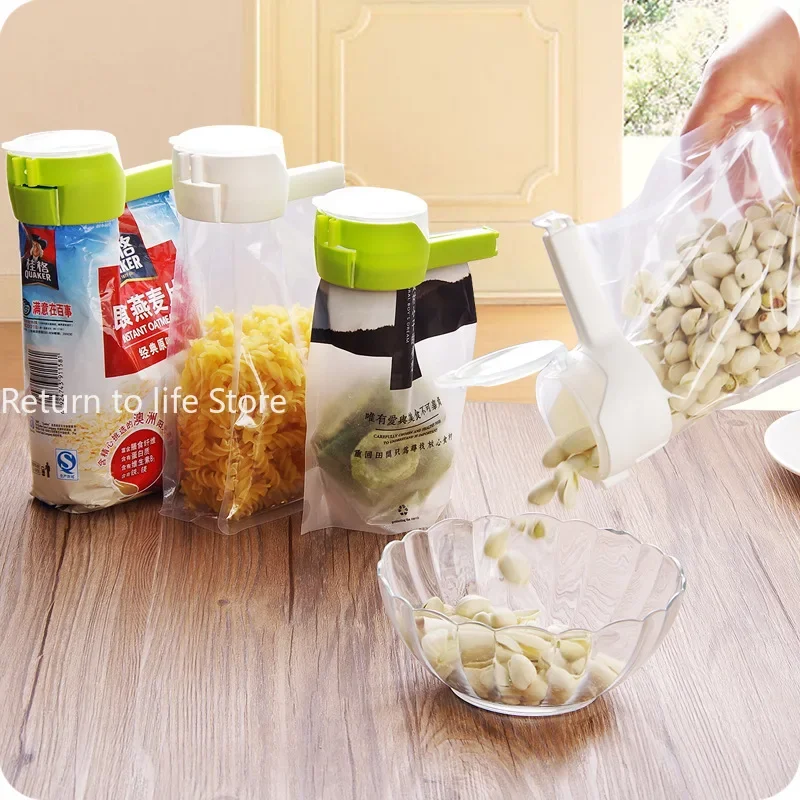 Food Preserving Bag Closure Clip Oat Dispense Spout Snack Bag Clip Moisture Seal Clip Fresh Keeping Sealer Clamp Kitchen Gadget