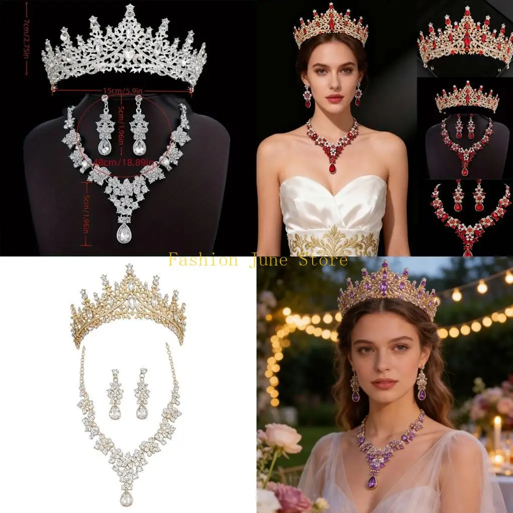 

N5KA Exquisite Drop Design Crystal Wedding Crown and Necklace Set for Bridal Present