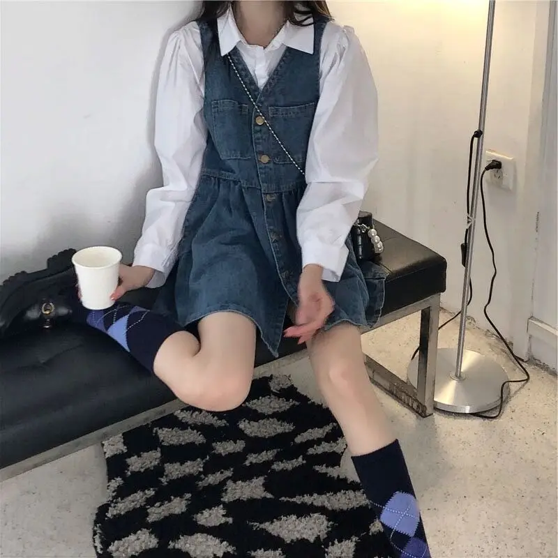 

Весенне-осенний винтажный джинсовый комбинезон Dr, женский маленький размер, студенческий утягивающий комплект из двух предметов, модная повседневная одежда