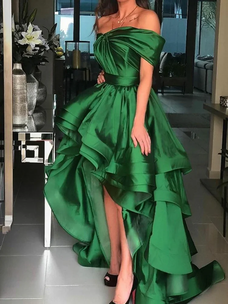 

A Line High/Low Prom Dresses Minimalist Court Train Short Sleeve Charmeuse with Criss Cross Pure Color Evening Gown Customized