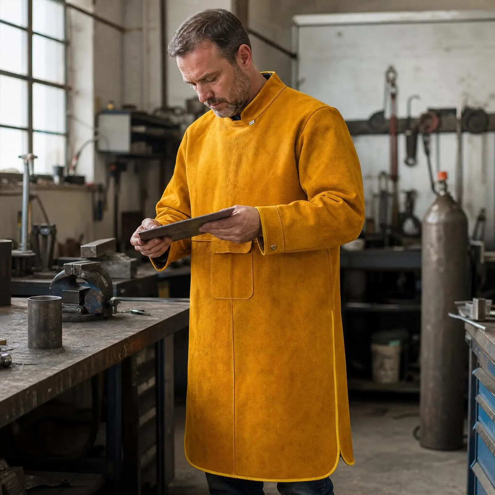 Durable Cowhide Welding Apron for Hot Work Long Sleeve Safety Coat with Utility Pocket for Fabrication Shop Use