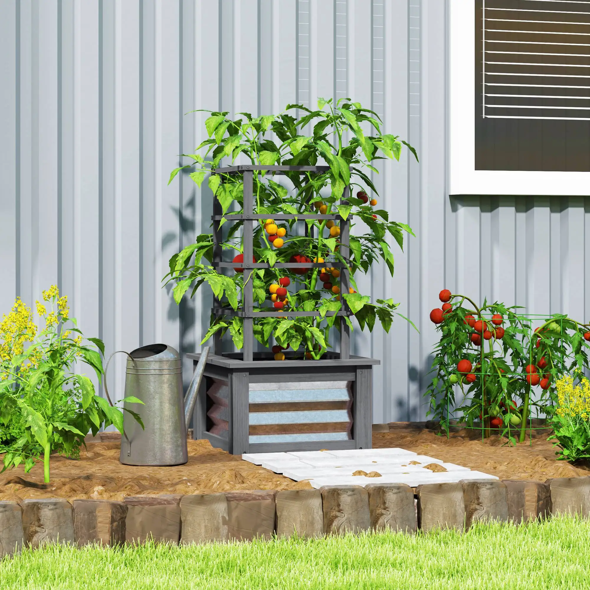 Outdoor Planter with Trellis Wooden Planter Box, Gray
