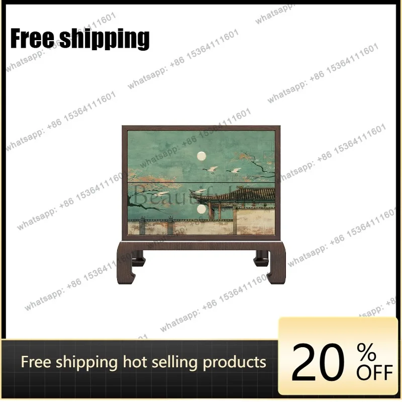 YJ new Chinese Song Dynasty aesthetics crane carved solid wood bedside table household storage cabinet