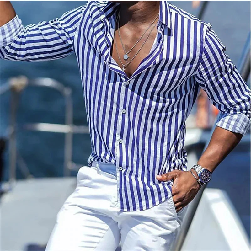 

2024 Fashion Lapel Shirt Striped Plaid Blue Green Shirt Tiger Totem Black and White HD Pattern Cuban Broken Collar Fashion Popul