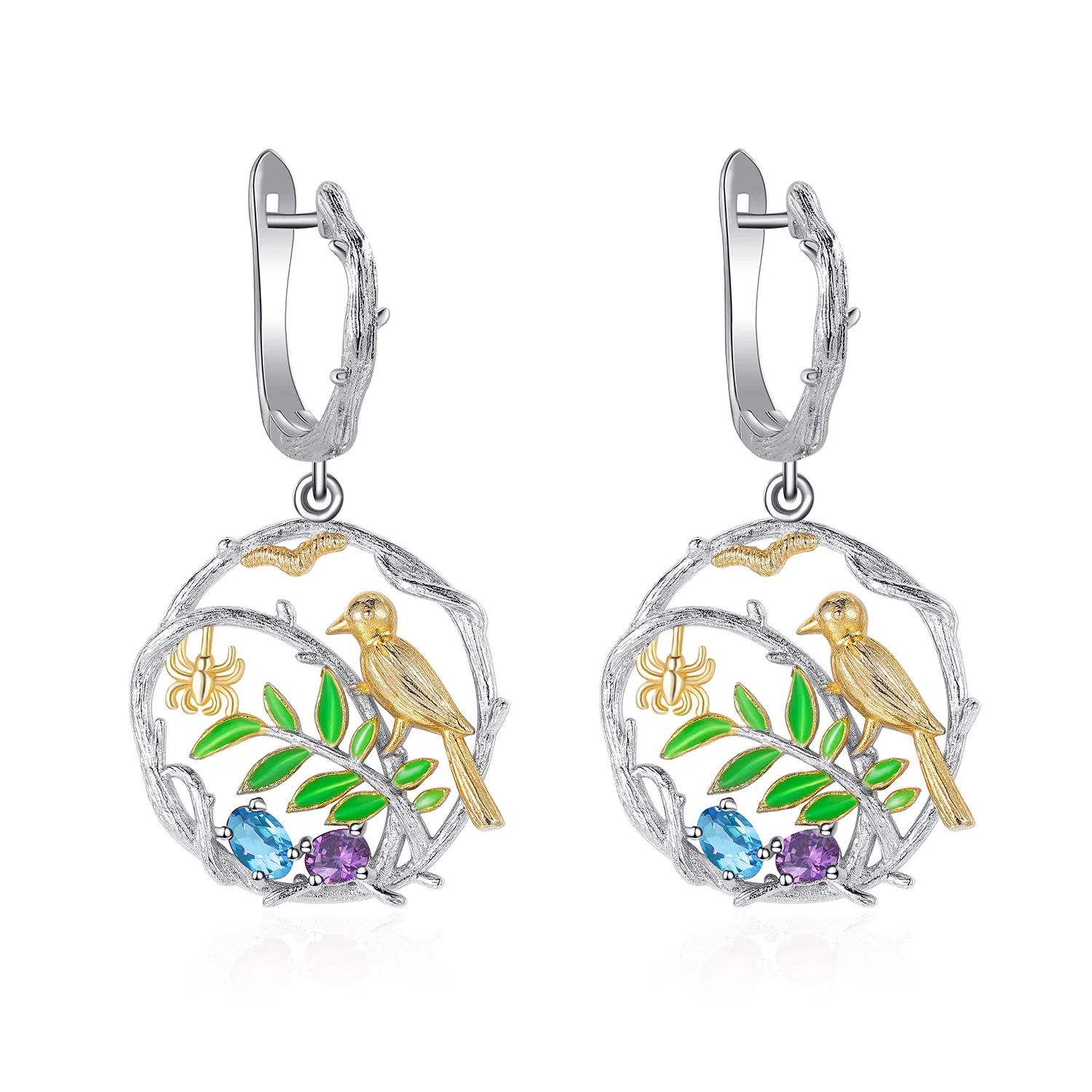 

Fashion Leaf Shaped Natural Inspired Silver Oval 3X5mm Natural Amethyst Swiss Blue Topaz Earrings