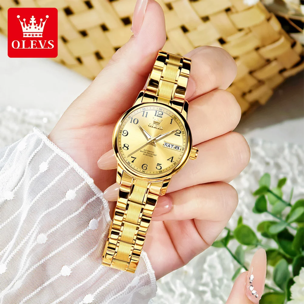OLEVS 7072 Mechanical Women's Watches Stainless Steel Waterproof Dual Calendar Luminous Elegant Luxury Automatic Ladies Watches