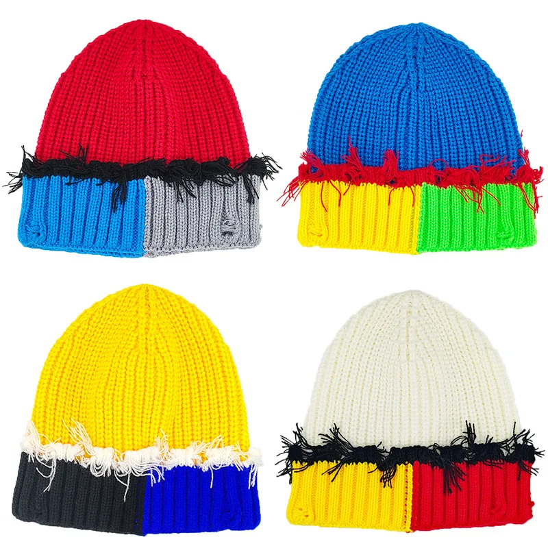New Color Matching Knitted Hat Men's and Women's Winter Casual Warm Big Head Ear Protector Rough Edge Pointed Skull Beanie Cap