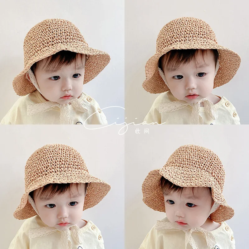 

Sun Hat Baby Summer Straw Baby Girl Cap Lace Bow Beach Children Panama Hat Princess Baby Hats and Caps Kids Hats